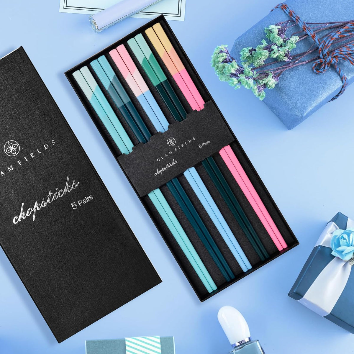 Chopsticks Reusable Dishwasher Safe, 5 Pairs 9.5 Inches Premium Chop Sticks Set for Sushi, Ramen, Asian Cuisine, Matte Non-slip with Gift Case, Pink + Light Blue