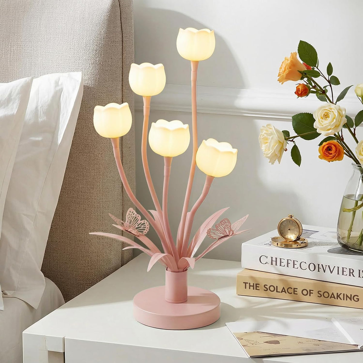 Pink Flower Table Lamp, 5-Light Adjustable Gooseneck Cute Desk Lamp