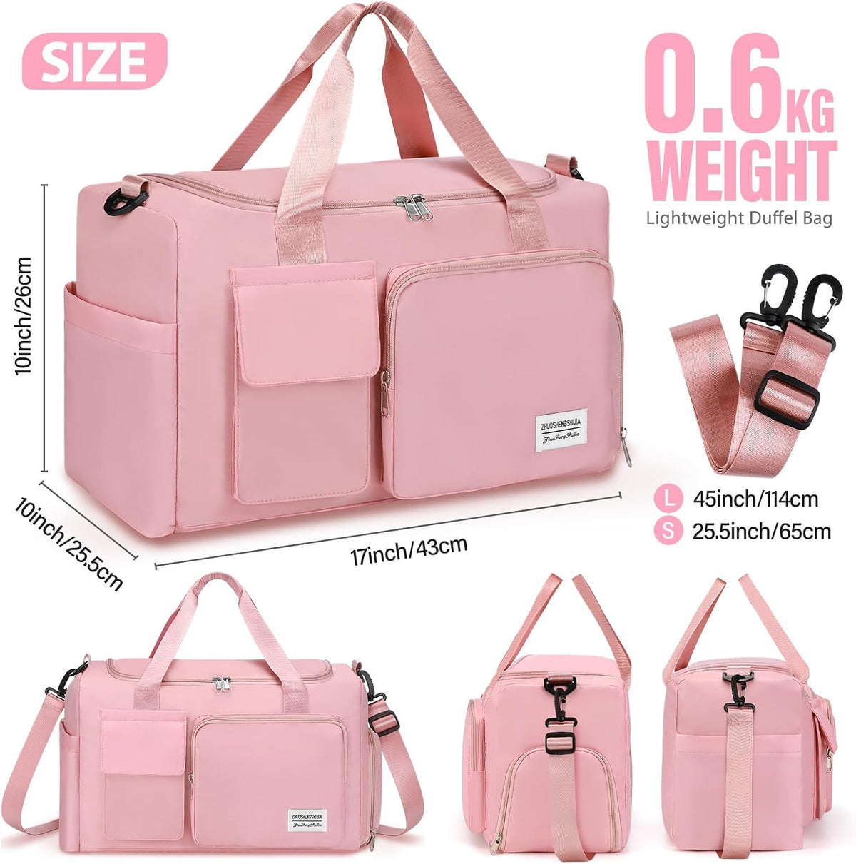 Gym & Dance Duffle Bag - Spacious Travel Organizer with Compartments (Pink)