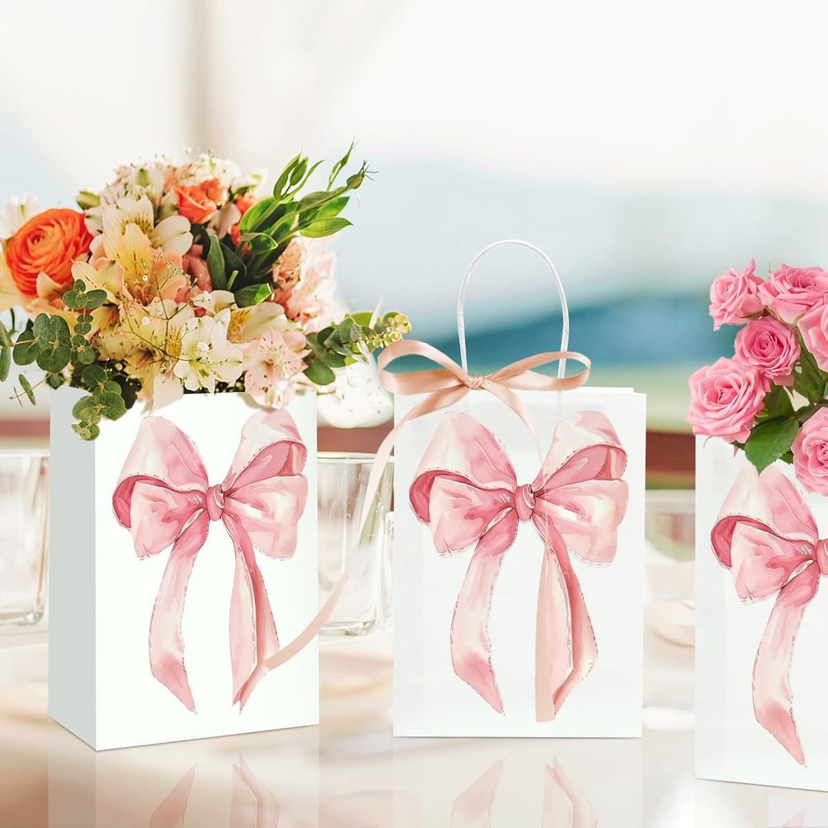 12PCS Coquette Pink Bow Paper Gift Bags, Party Favor Bags, Pink Goodie Bags for Birthday&Bachelorette Party Decoration Coquette Bow Gift Pouches with Handles 8.3x5.9x3.1 Inch
