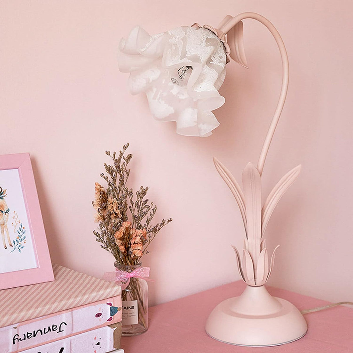 Table Lamp Pink Flower Desk Lamps Retro Unique Glass Flower Lampshade Bedside Lamp for Nightstand Living Room End Table