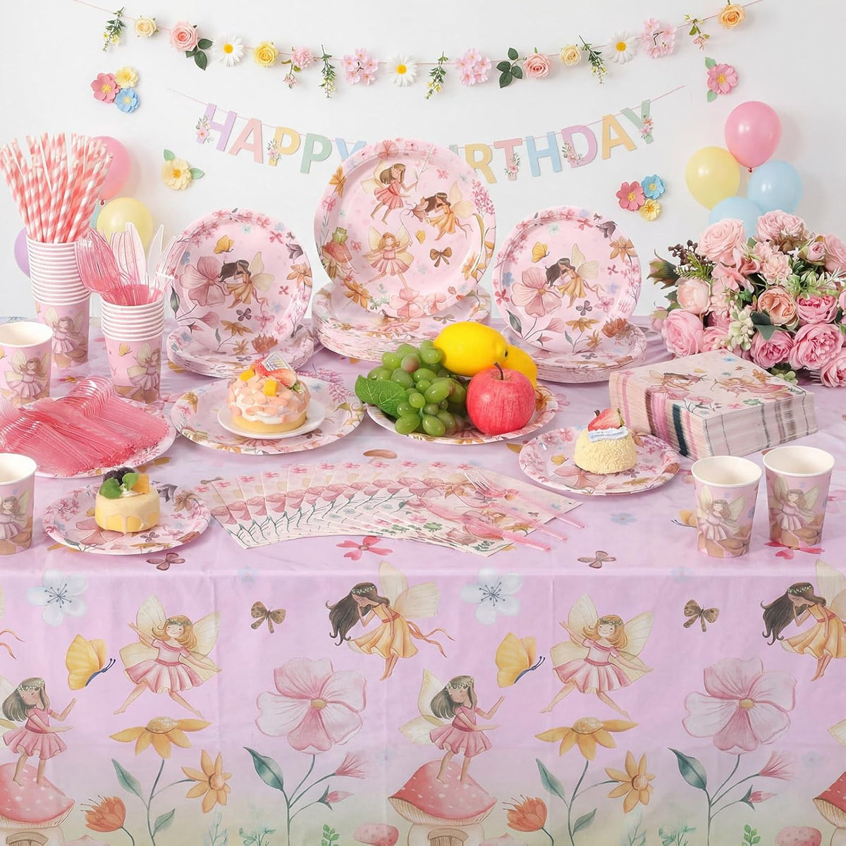 452 Pcs Themes Party Supplies Decorations for 50 Guests, Paper Plates Napkins Cups Tablecloth Cutlery Straws for Birthday Baby Shower Party Decorations(Pink,Fairy)