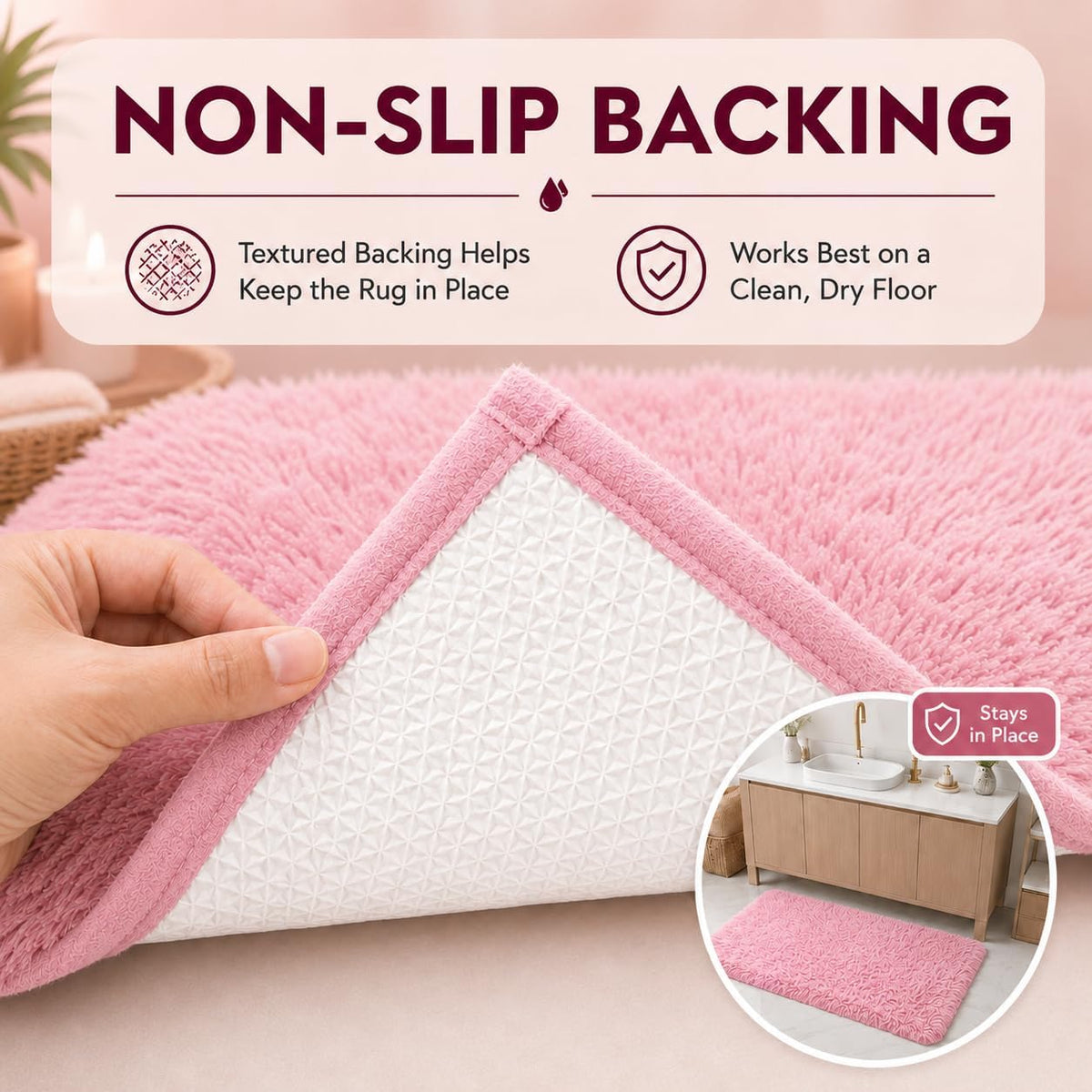 Shaggy Bathroom Rugs Sets 3Piece Bath Mat for Bathrom Non-Slip Bathrom Mats Water Absorbent Bath Rug Floor Mats Soft Washable Shower Rug with U-Shaped Contour Rug Toilet Lid Cover Light Pink