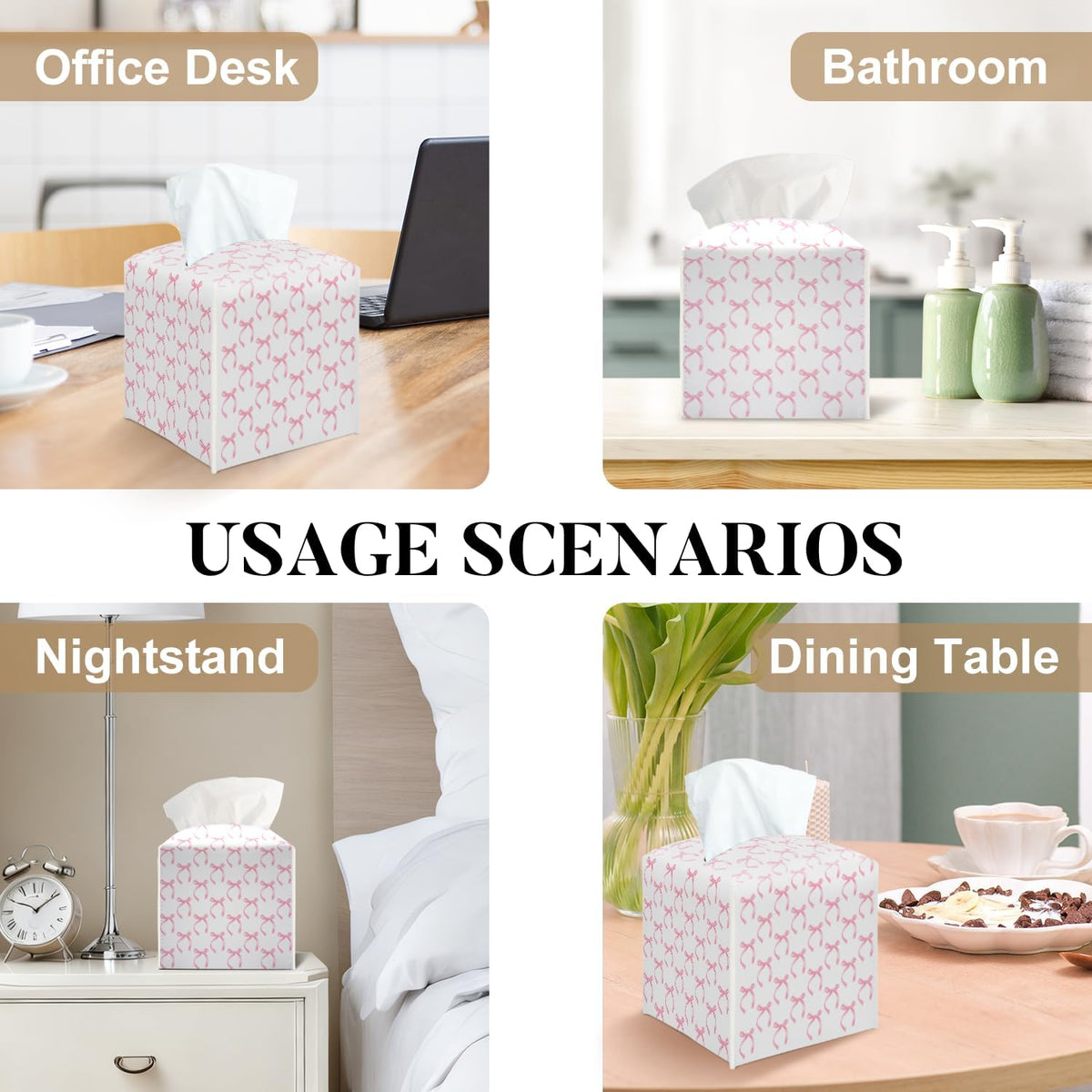 Pink Bow Tissue Box Cover Square, Pink Ribbon Decorative Tissue Box Holder for Bedroom Bathroom Kitchen Office Vanity Countertop, Leather Facial Paper Organizer Dispenser -17