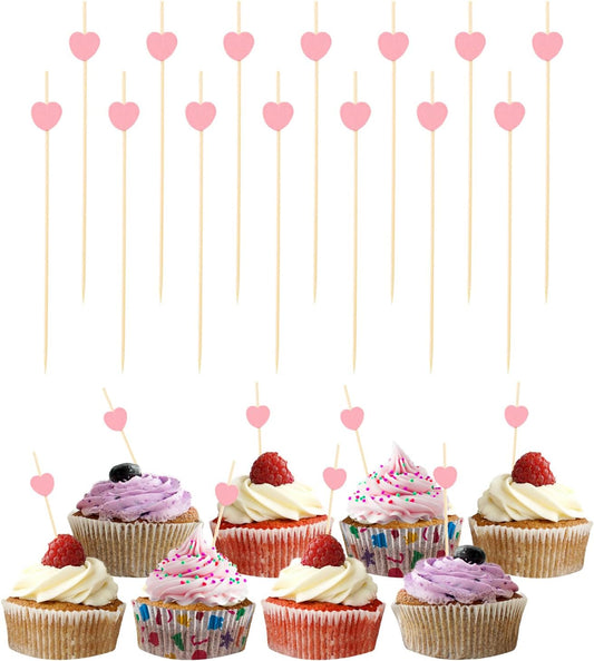 100Pcs Heart Cocktail Picks, Heart Bamboo Toothpicks Cocktail Sticks for Appetizers Fruit Food Drink Cake Valentine's Day Wedding Birthday Party Decoration, 4.7Inch (Pink)