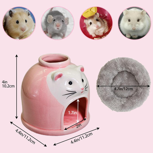 Ceramic Hamster Hideout Syrian Hamster House and Habitat Gerbil Hideaway Cooling Cave for Rat Mice Cage Decor Accessories (Pink)