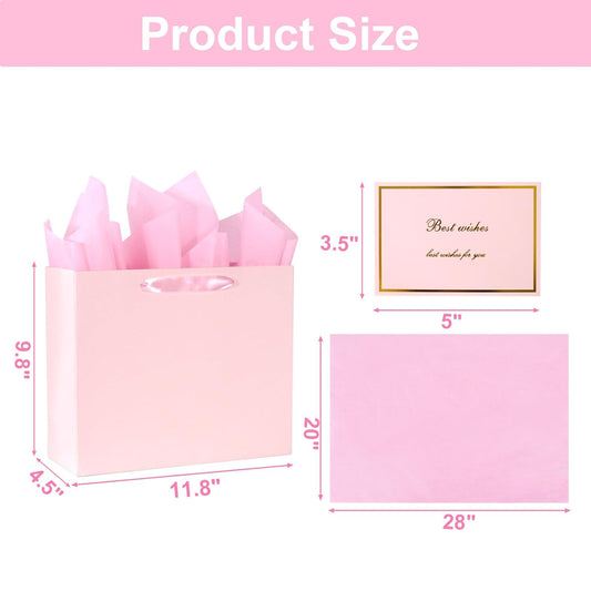 Elegant Pink Gift Bag 11.8"x4.5"x9.8" with Ribbon Handles, Includes Card and Tissue Papers, Perfect for Birthdays, Weddings, Parties, Holidays, Baby Shower