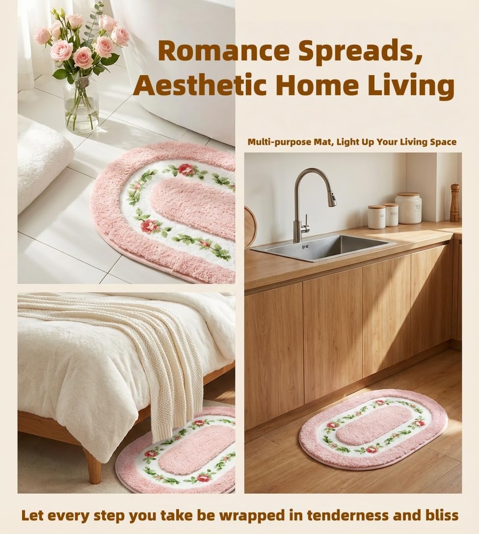 Bathroom Rugs Romantic Rose Flower Shaggy Area Rugs for Living Room Bedroom Kitchen Non Slip Absorbent Bath Mat Door Mat Washable(Pink,16x24 in)