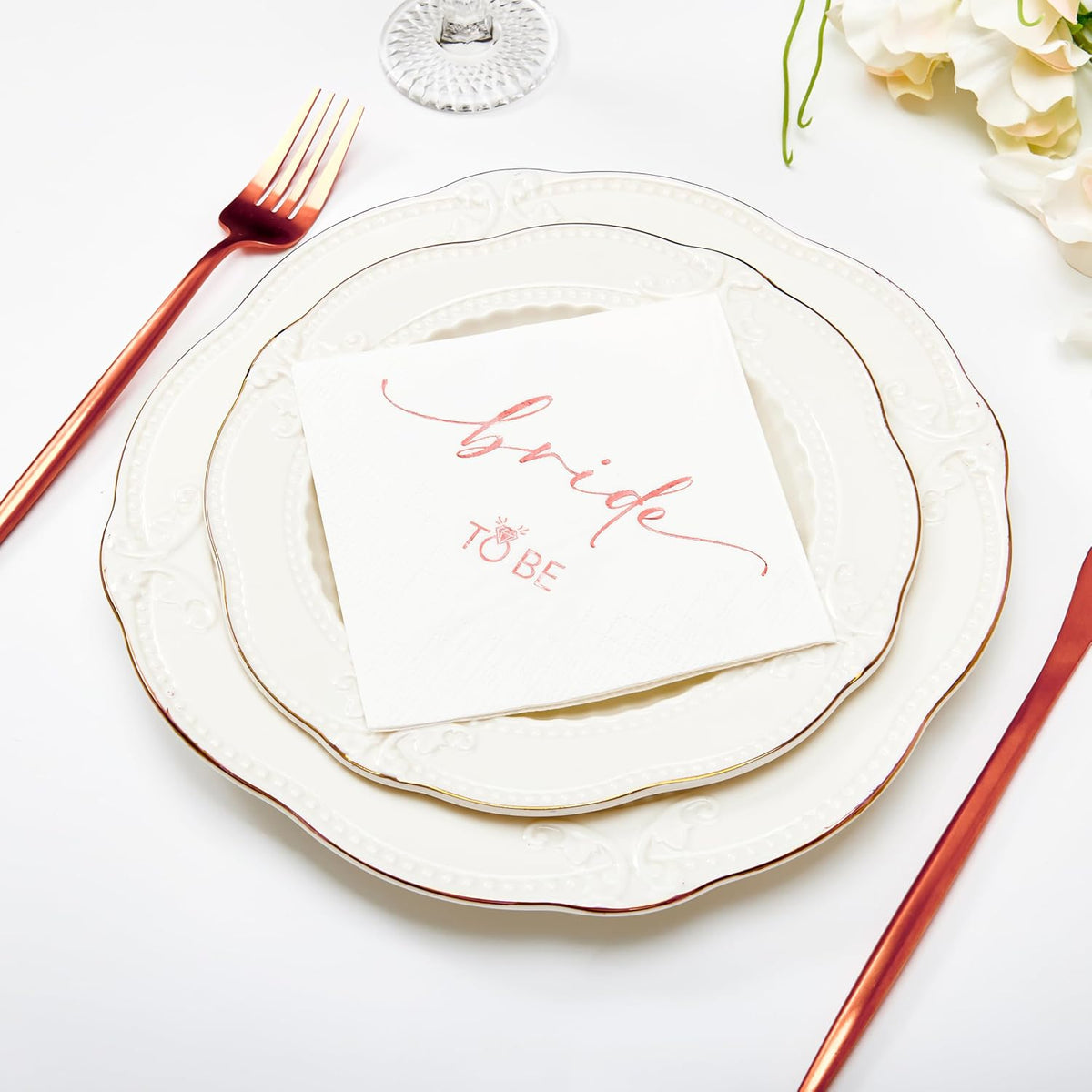 50 Pcs Bride to Be Rose Gold Foil Cocktail Disposable Paper Napkins for Engagement, Wedding, Bridal Shower Party Decoration, 3-Ply