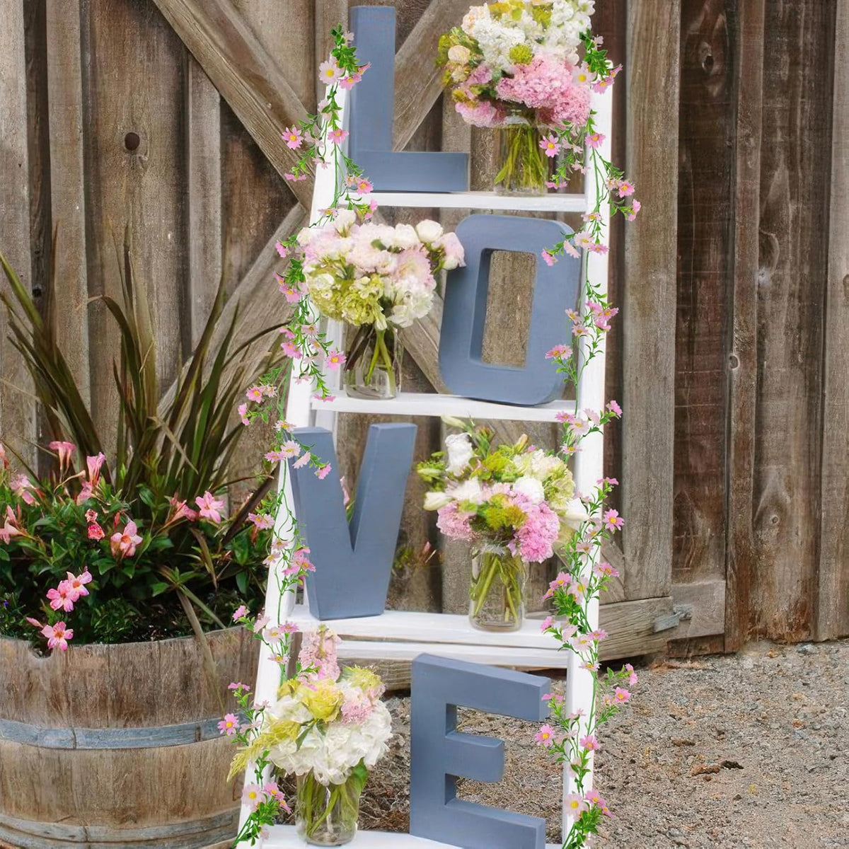 Artificial Daisy Flowers Vine Silk Wildflower Garland Spring Fake Flower Vine Hanging Ivy Light Pink Daisy Flowers Green Leaves for Wall Party Wedding Arch Floral Decor Indoor Outdoor Ceremony