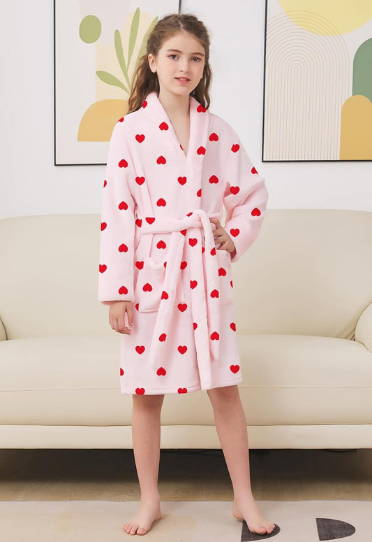 Girls Robe, Shawl Collar Fuzzy Fleece Bathrobes with Belt and Pockets for Kids Boys, 2-15 Years