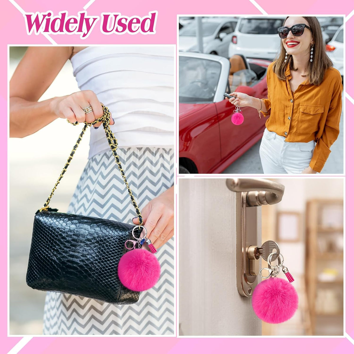 20 Pcs Cheer Faux Pom Pom Keychains Cheerleader Keyring Charm Pink