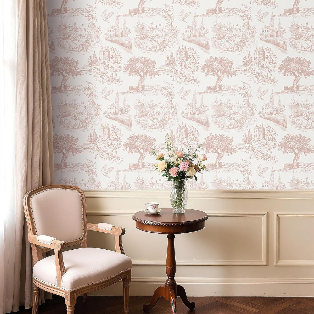 Vintage Pink Toile Wallpaper Peel and Stick Tree Bird French Country Wallpaper for Girls Bedroom Bathroom Removable de Jouy Beige Toile Contact Paper for Walls Cabinets Waterproof 17.5"x118"