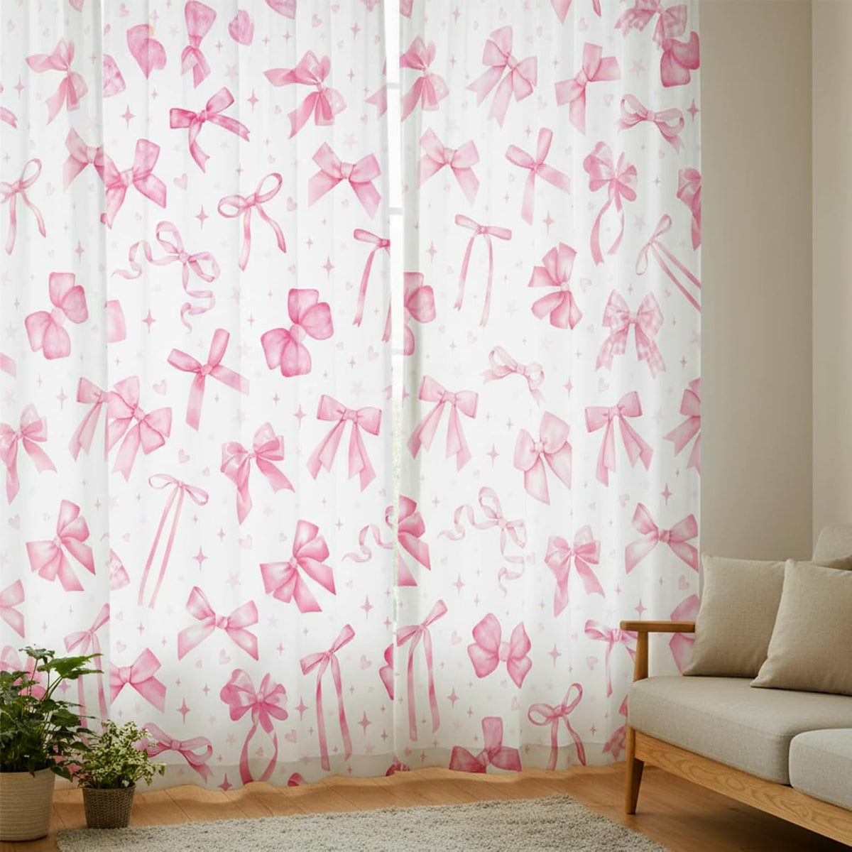 2 Pcs Pink Bow Curtains for Living Room Bow Bedroom Curtains