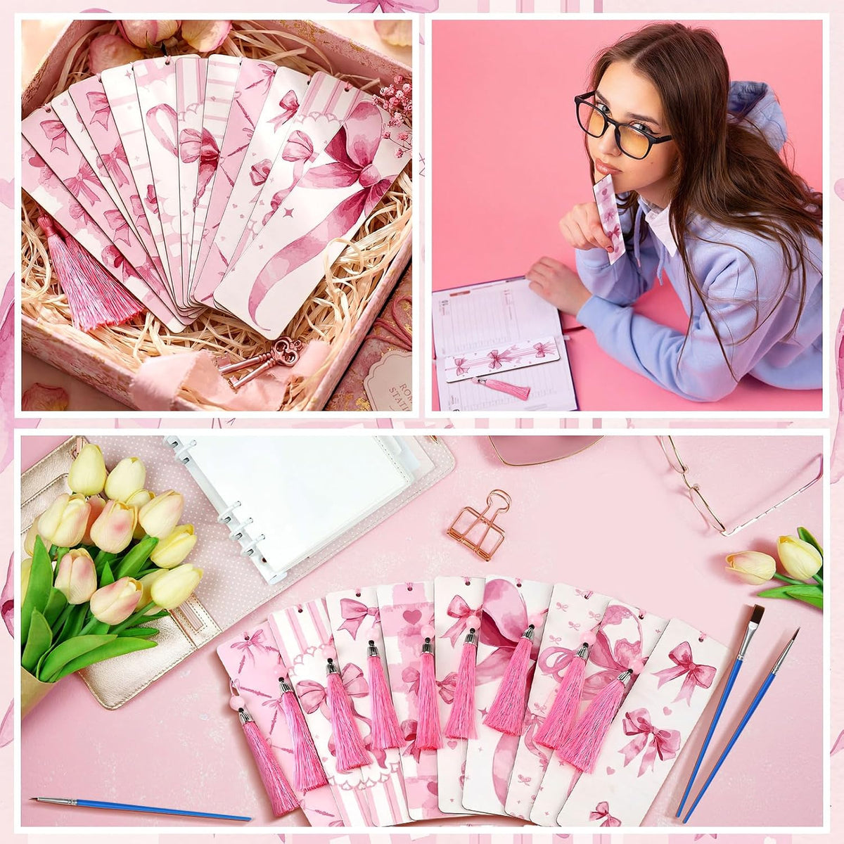 12 Pcs Pink Bow Paint by Number Kit for Adult Wood Bookmark