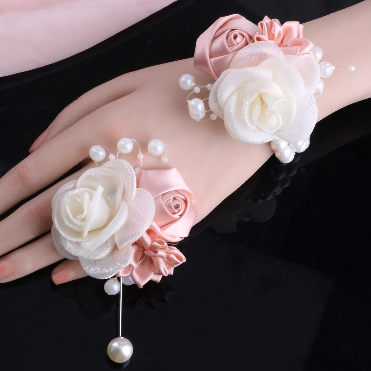 Wedding Prom Party Satin Rose Wrist Corsage Flower, 2Pcs Boutonniere and Wrist Corsage Wristband Roses Prom Flower Wedding Flowers Accessories Prom Suit Decorations (Pink)
