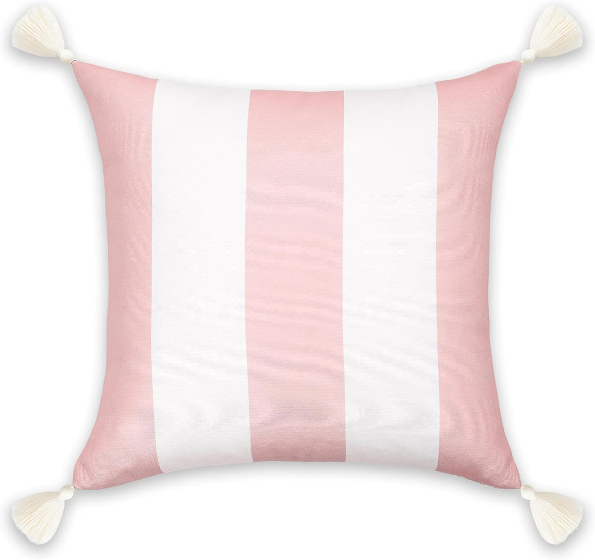 Coastal Patio Indoor Outdoor Throw Pillow Cover Only, 20"x20" Water Repellent for Backyard, Couch, Blush Pink Wide Stripes with Tassels