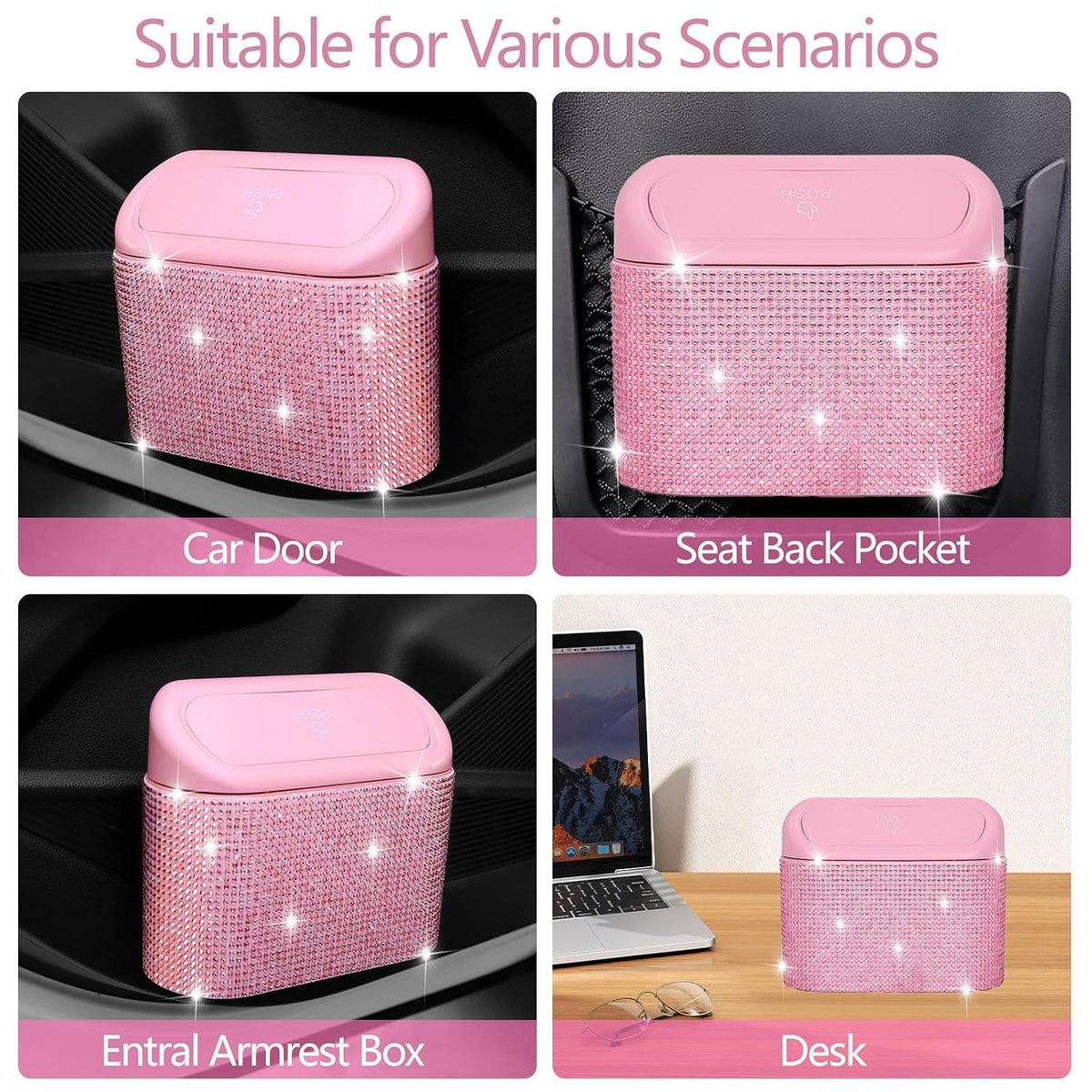 Bling Pink Car Trash Can with Lid, Mini Auto Garbage Can with 30 Trash Bags, Automotive Garbage Container Bin, Bling Car Accessories Trash Can for Women (Pink Diamond)