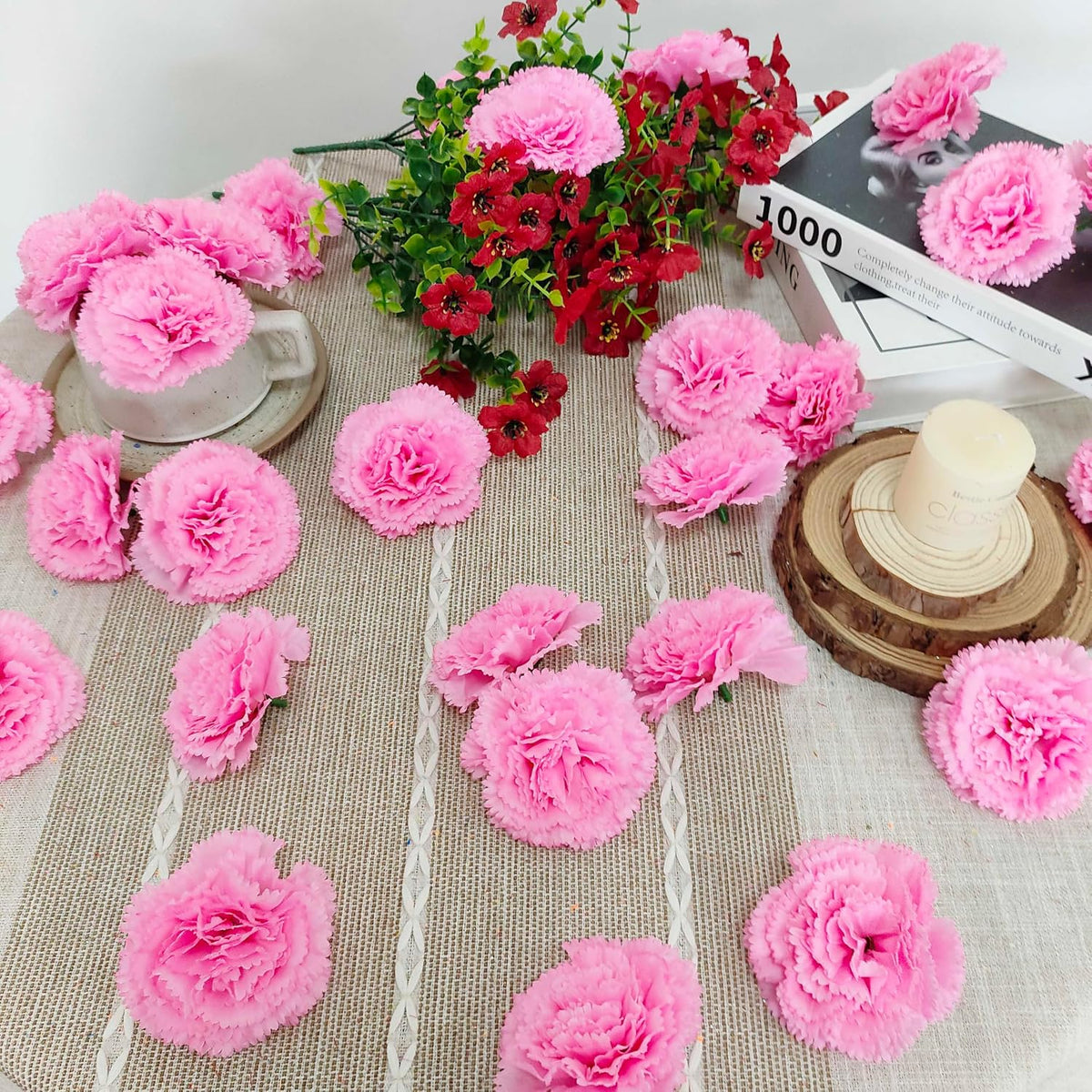 Pink Carnations Artificial Flowers Heads, 80pcs 3.5'' Fake Faux Silk Flower Heads with Stem for DIY Wreath,Flower Wall, Handmade Flowers, Table Centerpieces, Baby Shower, Graduation Decor