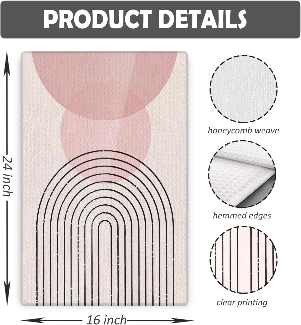 Pink Boho Kitchen Towels Set of 3 - Abstract Line Art Decorative Hand Towels for Bathroom, Mid Century Modern Dish Towels, Kitchen Decor, 16x24 Inches