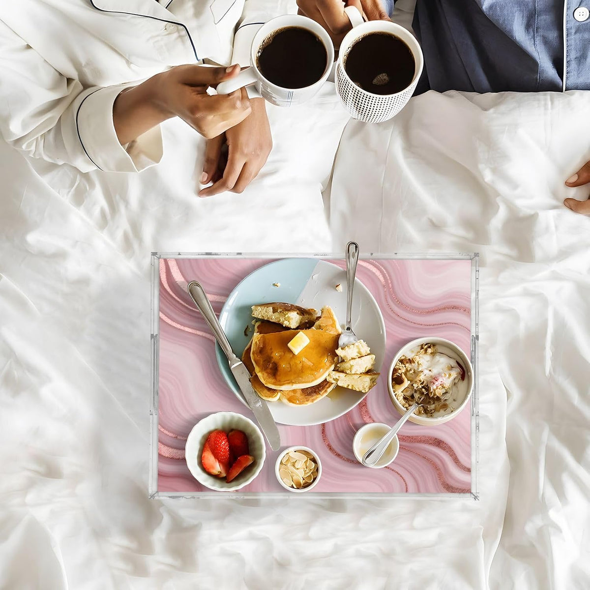 Pink Marble Serving Tray 12" x 16" Acrylic Trays with Handles Decorative Serving Platter for Coffee, Breakfast in Bed, Dinner, Appetizers, Patio, Party