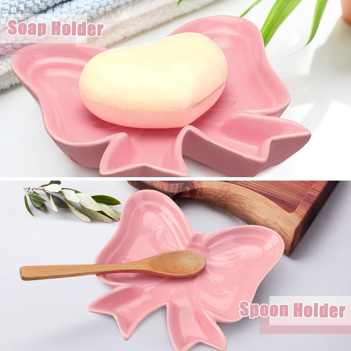 2 Pcs Pink Bow Ceramic Jewelry Dish Trinket Tray Ring Holder