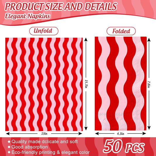 Whaline 50Pcs Wavy Stripe Guest Napkins Disposable Napkin Red Pink Dinner Hand Paper Napkins for Wedding Birthday Bridal Baby Shower Party Supplies