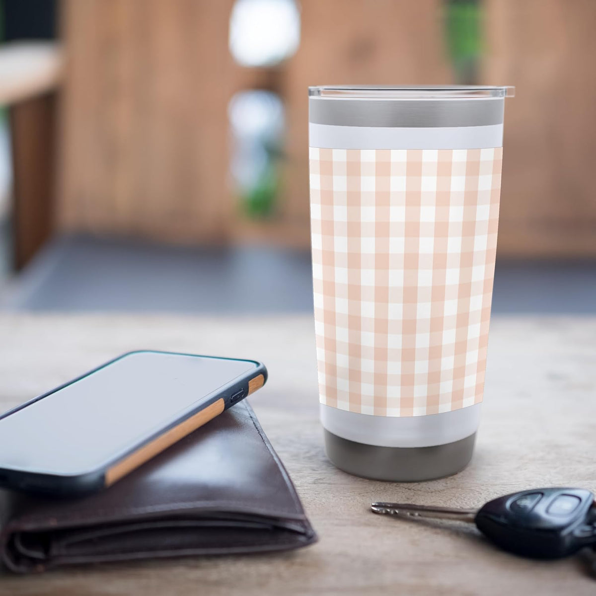 White and Peach Pastel Color Gingham Check Stainless Steel Insulated Tumbler