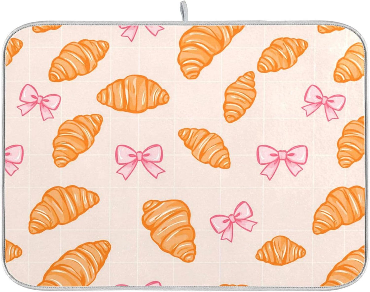 Dish Drying Mats Pink Bows Plaid Croissants Drainer Rack Mat for Counter 16 x 18 Inch Microfiber Dry Dishes Pad Coffee Bar Sink Countertops Mats