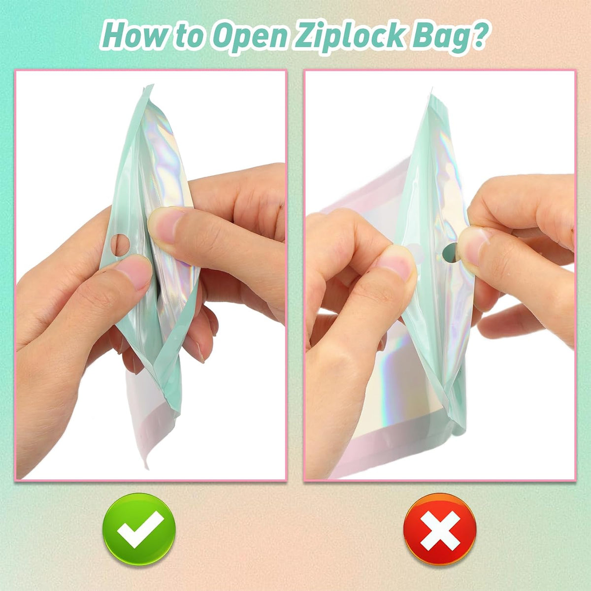 100 Pack Gradient Holographic Bags,Mylar Resealable Bags with Zipper,Clear Window Packaging Pouchs,Smell Proof Foil Bag for Food Storage,Sample Jewelry Bag(2.7x3.9In,Green Pink)