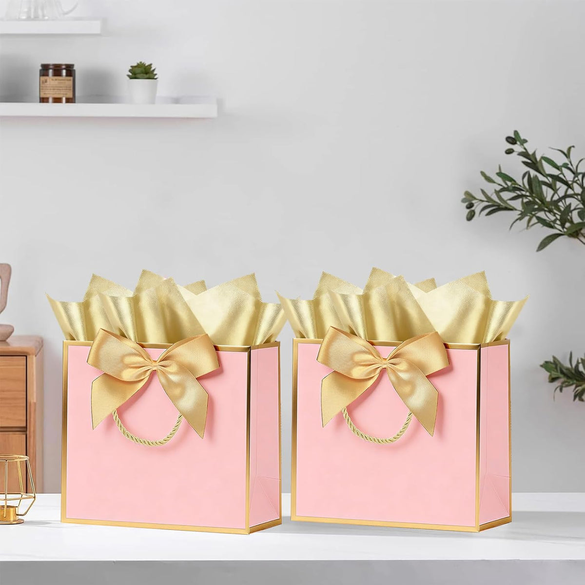 Pink Gift Bags with Gold Trim, 4 Pack, 11 x 4 x 8 Inch