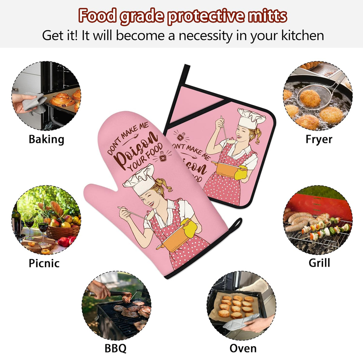 Funny Oven Mitts and Pot Holders Sets Pink Kitchen Accessories and Decor Heat Resistant Kitchen Cooking Baking Gifts Retro Humor Fun House Warming Gifts for Women (Pink, Oven Mitts & Pot Holders)