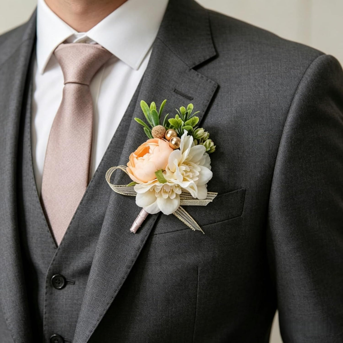 Corsage and Boutonniere Set for Prom Wedding, Peach Ivory Wrist Corsage Bracelet and Men Boutonniere Artificial Flower Set