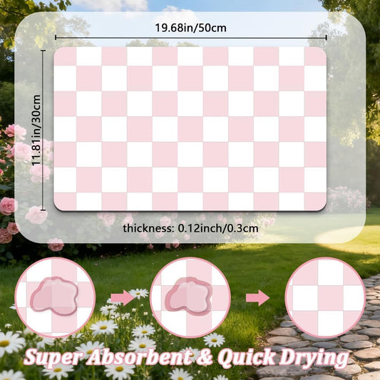 Pink Cat Food Mat 12"x 20" Cat Dog Feeding Mat for Food and Water Bowls Pink Checkered Diatomaceous Earth Absorbent Quick Dry Non Slip Pet Feeding Placemat for Messy Eaters Drinkers