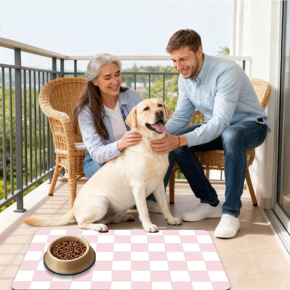 Pink Cat Food Mat 12"x 20" Cat Dog Feeding Mat for Food and Water Bowls Pink Checkered Diatomaceous Earth Absorbent Quick Dry Non Slip Pet Feeding Placemat for Messy Eaters Drinkers