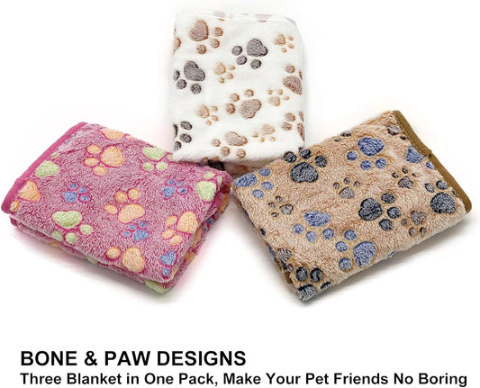1 Pack 3 Puppy Dog Blankets Super Soft Warm Sleep Mat Fluffy Premium Fleece Pet Blanket Flannel Throw for Dog Puppy Cat - Paw Print Beige/Pink/Brown Small(23"x15")