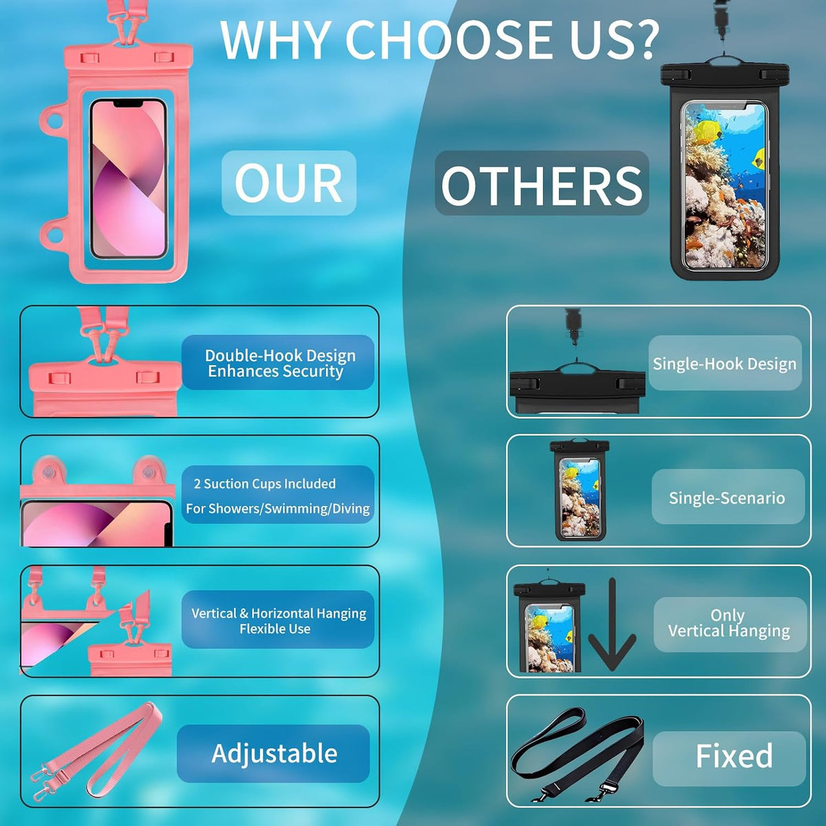 Larger Waterproof Phone Pouch iPhone &Shower Phone Holder Waterproof with 2 Suction Cups,Water Phone Protector Pouch with Adjustable Lanyard for iPhone 17 16 15 ProMax (Pink, 1 PCS)