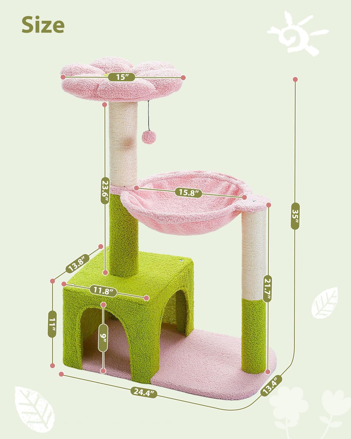 Flower Cat Tree with Large Metal Frame Hammock, 35" Cute Cat Tower with Sisal Scratching Posts for Small Indoor Cats, Cat Condo with Pink Top Perch for Kittens, Pink