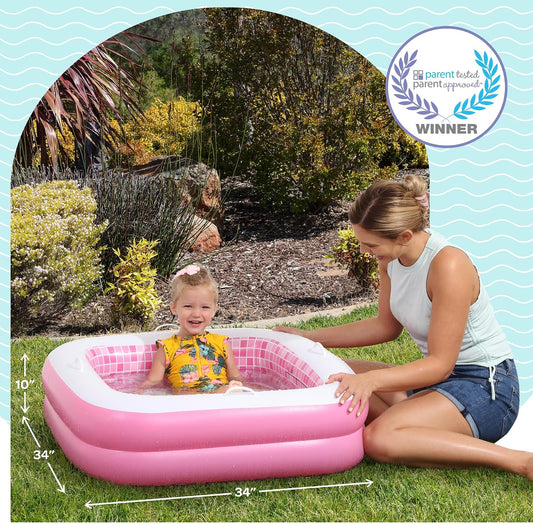 3-in-1 Inflatable Baby Pool, Patented Safety Secure Grip Handles, Soft Floor & Drain - Summer Water Toys, First Birthday Gifts, Kiddie Pool for Ages 1-3, 34"x10"