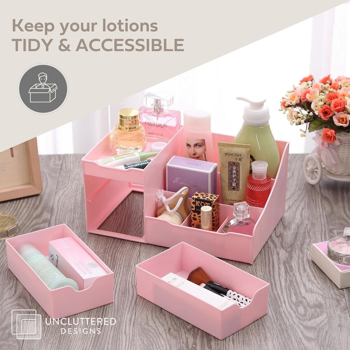 Makeup Organizer With Drawers - Cute Kawaii Countertop Storage for Cosmetics, Pretty Vanity Holder for Perfume, Skincare, Brush, Lipstick, Nail Polish and other Accessories Pink