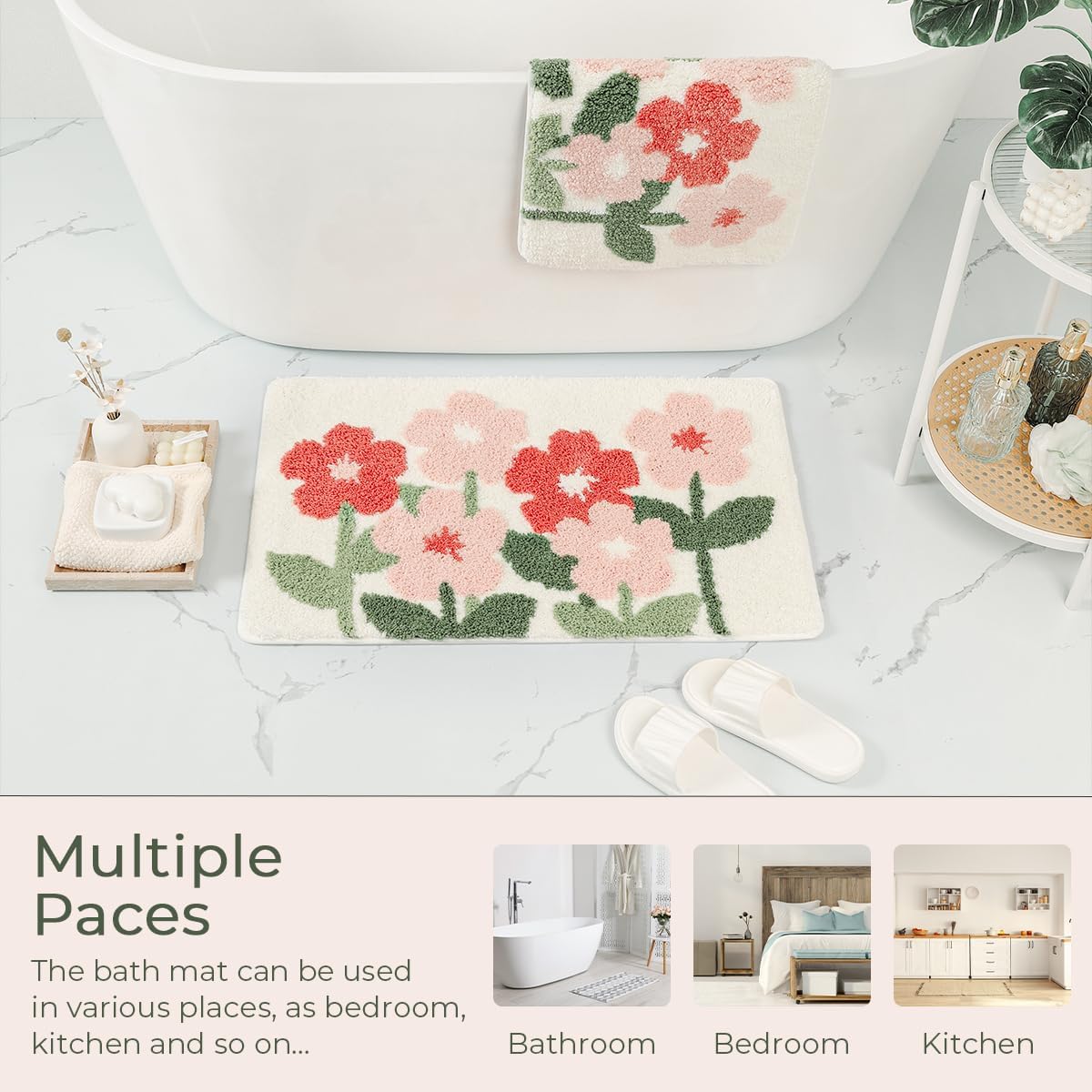 Plants Bathroom Mat Cute Absorbent Bath Rug Non Slip and Machine Washable Bath Shaggy Carpet for Kitchen, Bedroom and Living Room (Pink Flowers, 23"x16")