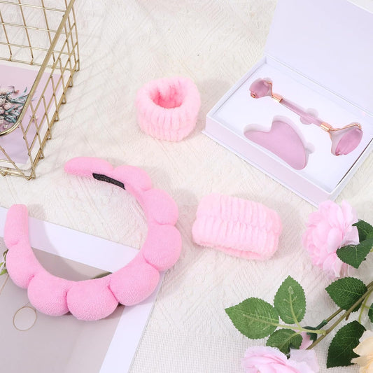 Spa Headband and Wristbands for Women Skincare Headband for Washing Face Gua Sha & Jade Roller Facial Tools Pink Makeup Fash Wash Hairband Teen Girl Gifts Trendy Stuff