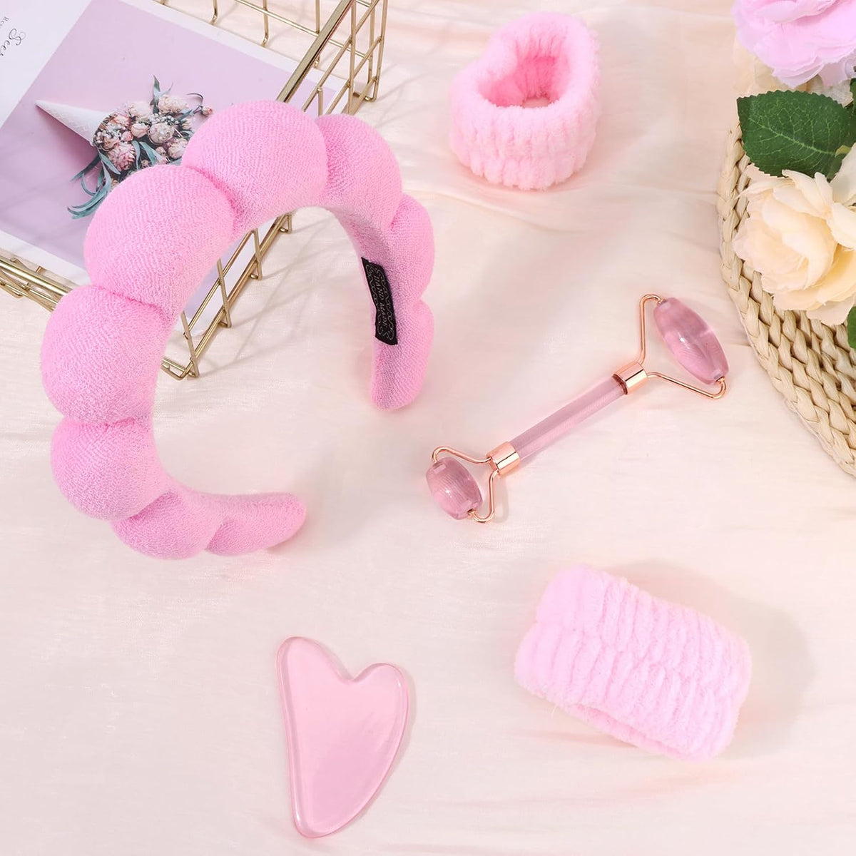Spa Headband and Wristbands for Women Skincare Headband for Washing Face Gua Sha & Jade Roller Facial Tools Pink Makeup Fash Wash Hairband Teen Girl Gifts Trendy Stuff