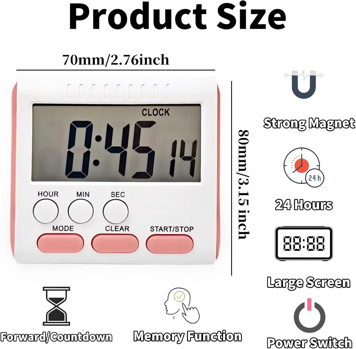 24 Hour Digital Timer Magnetic Kitchen Timer with Clip Large Screen Alarm Clock Refrigerator Magnet for Small Cooking Hour Timers and Home Use Perfect for Fridge and Stove (Pink)