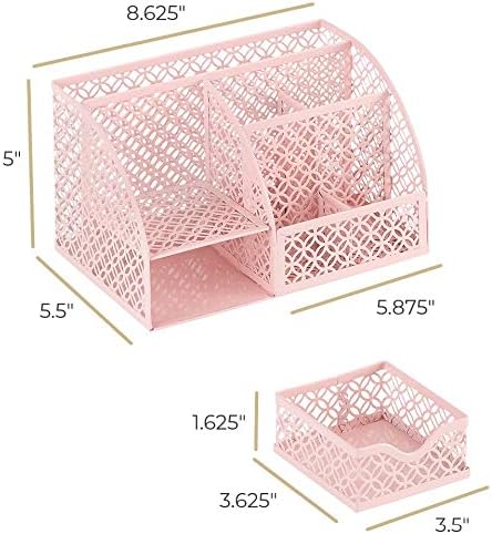 Light Pink Desk Organizer | Cute Metal Desktop Organizer with Drawer & 6 Compartments | Girly Office Supply Storage for Home Office, School Locker & Workspace