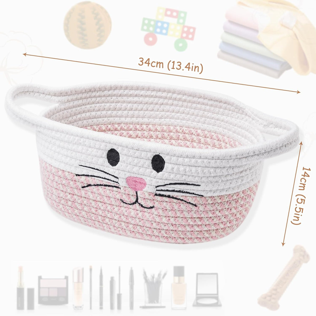 Small Woven Baskets for Organizing with Handle Cute Cotton Basket for Nursery Gift Dog Cat Toy Storage Basket for Toy Organizer-Pink