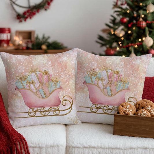 Sleigh Throw Pillow Covers Set of 2, Christmas Fanciful Presents Snowflakes Xmas Peach Soft Velvet Washable Accents Pillows Cases for Living Room Bed Office Sofa Chair Decor 18x18 Inch