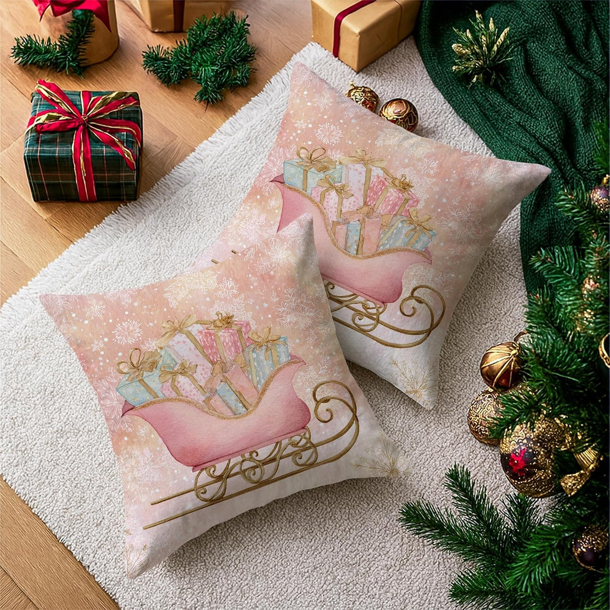 Sleigh Throw Pillow Covers Set of 2, Christmas Fanciful Presents Snowflakes Xmas Peach Soft Velvet Washable Accents Pillows Cases for Living Room Bed Office Sofa Chair Decor 18x18 Inch
