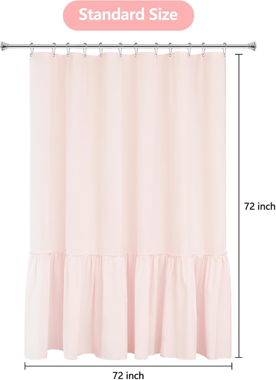 Baby Pink Ruffle Shower Curtain with Waterproof TPU Backed, Soft Microfiber Lovely French Ruched Shower Curtain, 72 x 72 Inch Bathroom 2 in 1 Washable Fabric Shower Curtain with TPU Lining