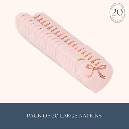 Light Pink Signature Bow Heart Large Paper Napkins | 3-Ply Valentine’s Day Tableware | Premium Table Décor | Gold Foil Bow Design | Pack of 20, 6.5" Folded